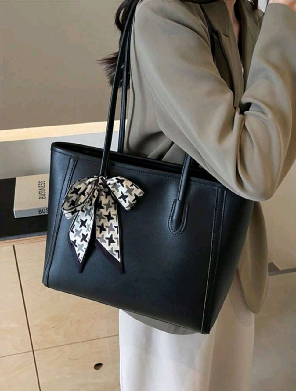 Women's Solid Color Large Capacity Tote Bag, Houndstooth Bow Decor Shoulder Handbag, Casual Commute Handle Bag