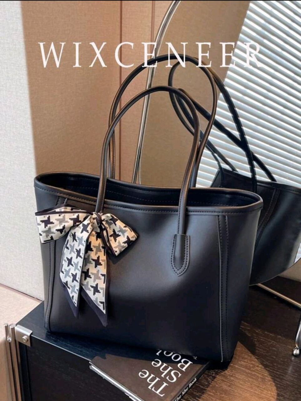 Women's Solid Color Large Capacity Tote Bag, Houndstooth Bow Decor Shoulder Handbag, Casual Commute Handle Bag
