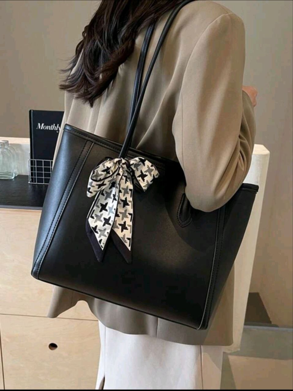 Women's Solid Color Large Capacity Tote Bag, Houndstooth Bow Decor Shoulder Handbag, Casual Commute Handle Bag